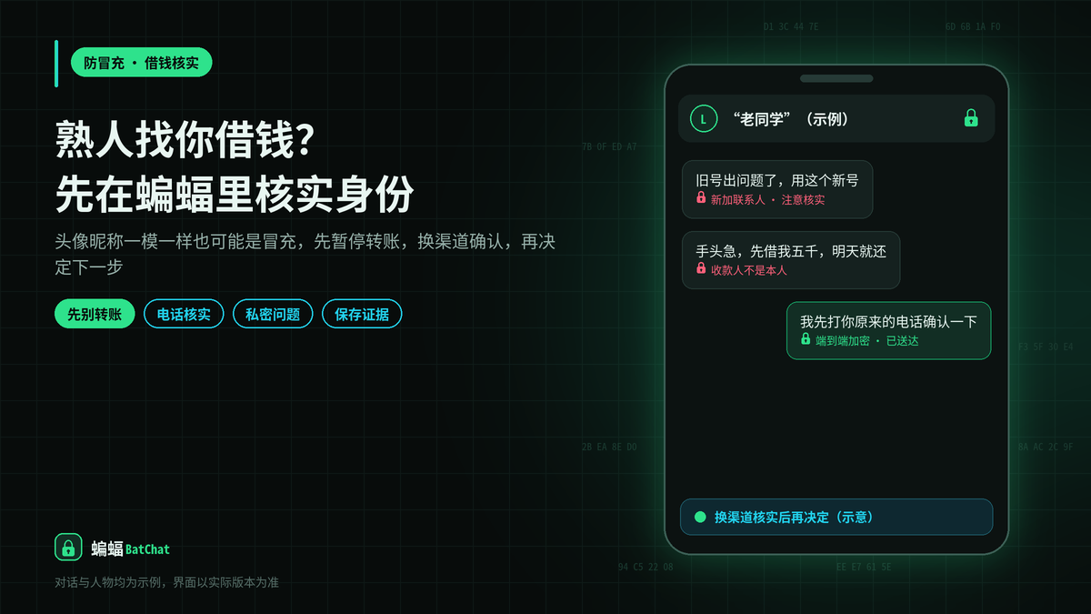 有人在蝙蝠聊天里冒充熟人借钱:先别转账,按这几步核实对方是不是本人