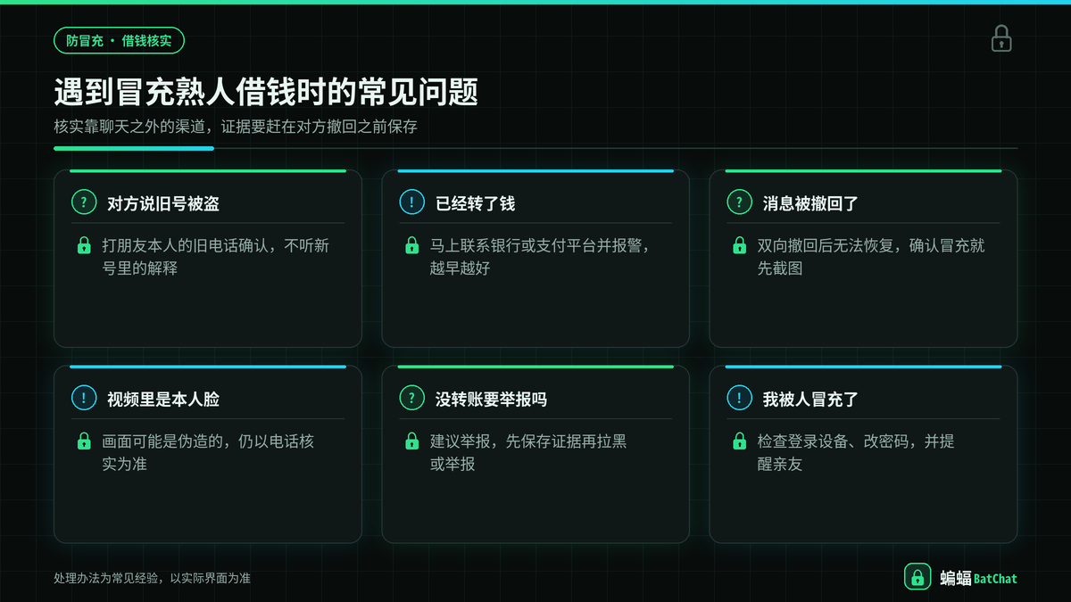 蝙蝠聊天中遇到冒充熟人借钱时的常见问题与处理办法示意