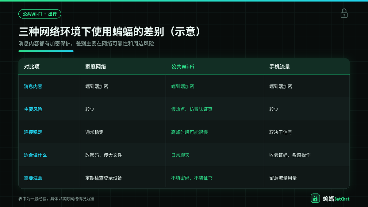 家庭网络、公共WiFi与手机流量下使用蝙蝠聊天的差异对照示意