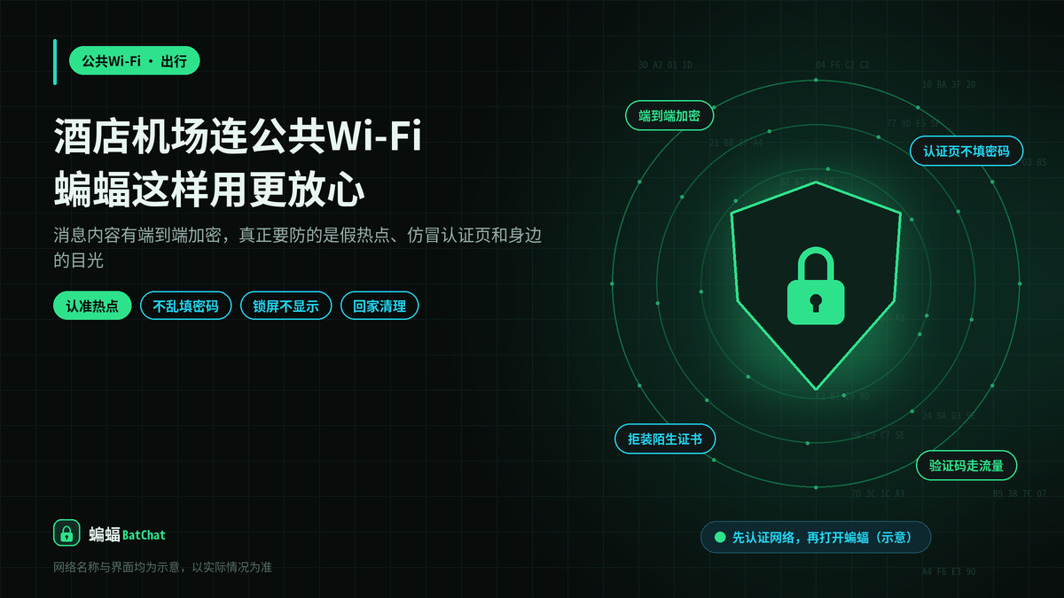 在酒店、机场的公共Wi-Fi下用蝙蝠（BatChat），出门前后各该做哪些设置