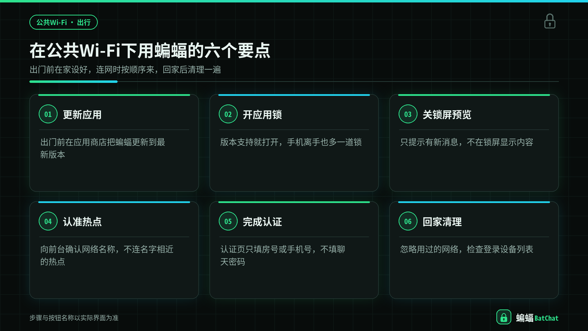 在公共WiFi下使用蝙蝠聊天前后的设置步骤示意