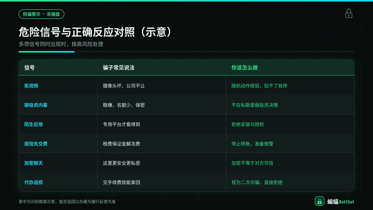 蝙蝠聊天杀猪盘危险信号与正规投资差异对照