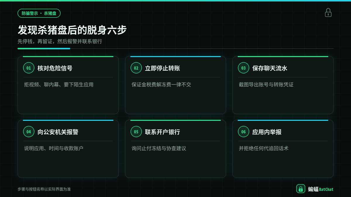 蝙蝠聊天杀猪盘识别与停止转账脱身步骤示意
