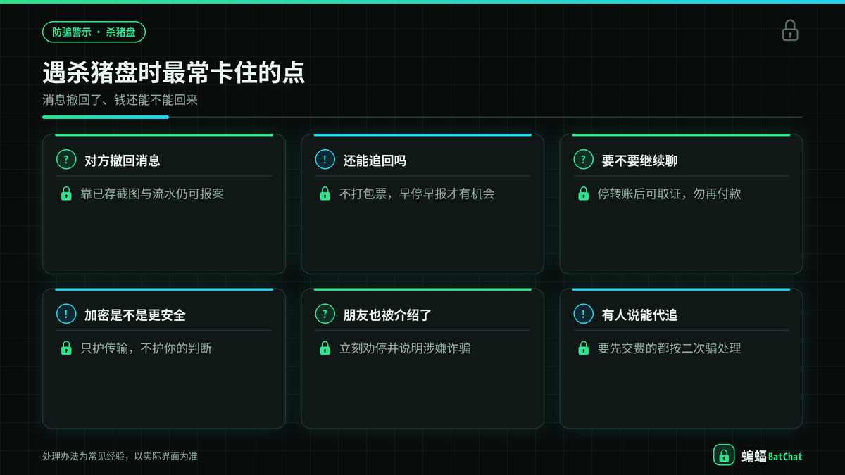 蝙蝠聊天遇杀猪盘报警留证与防范二次诈骗示意