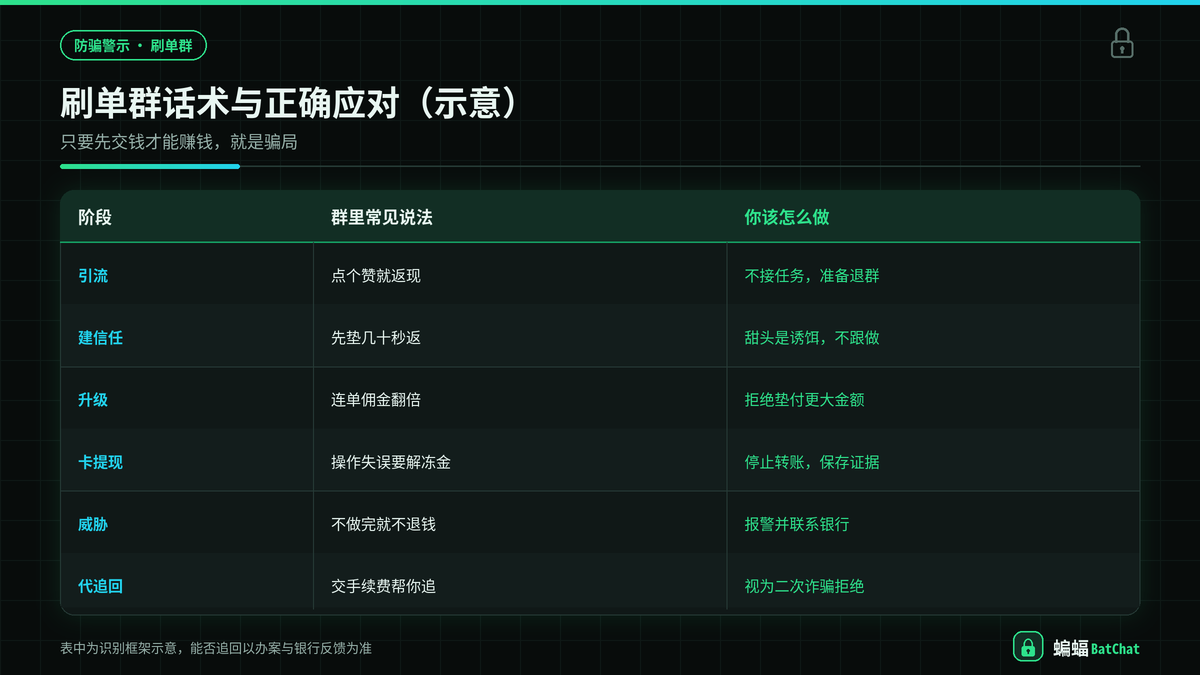 刷单群常见话术与正确应对方式对照示意