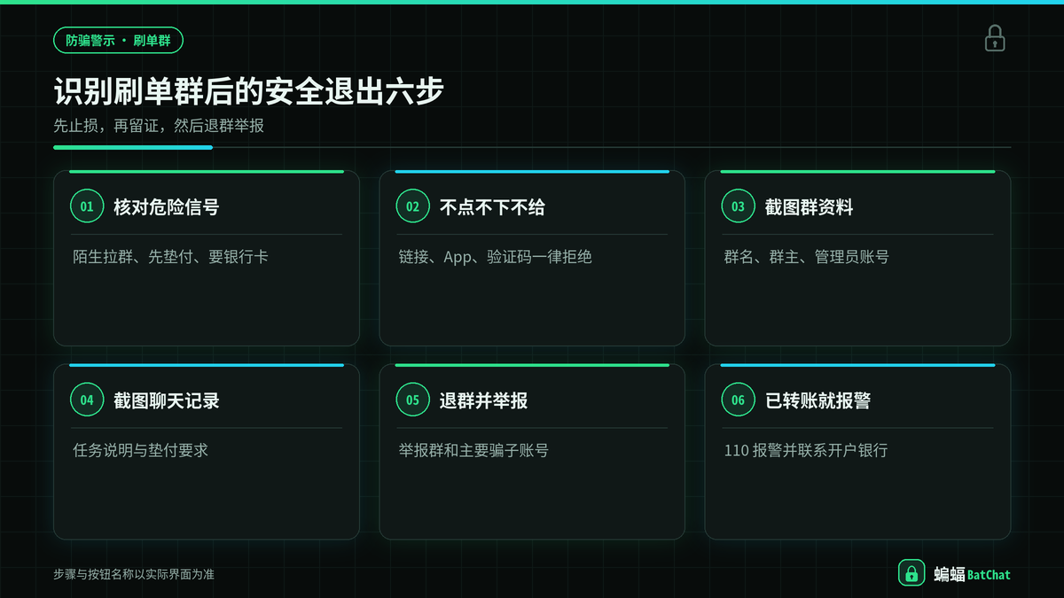 蝙蝠聊天刷单群识别与安全退出的步骤示意
