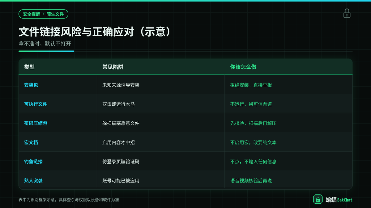 陌生文件与链接的风险类型和应对方式对照示意