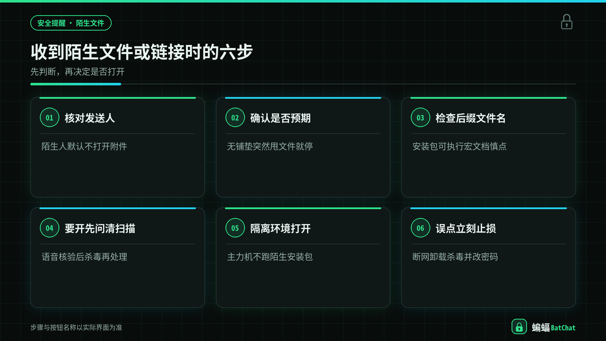 蝙蝠聊天收到陌生文件与链接时的检查步骤示意