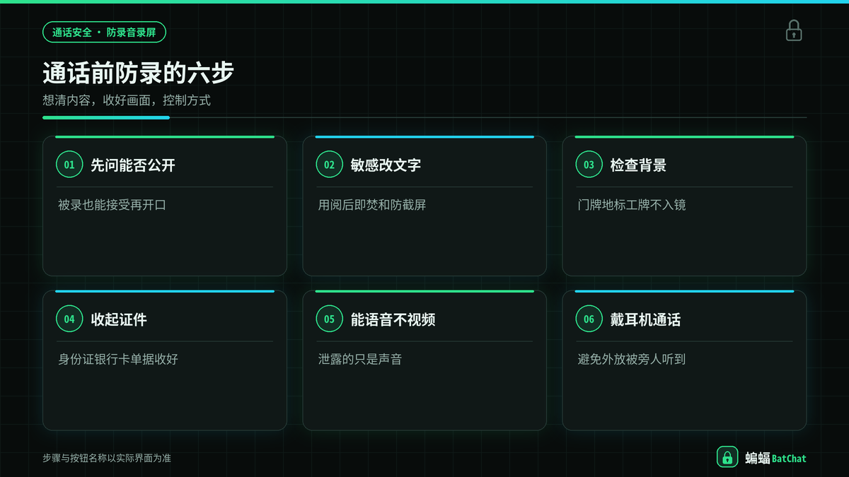 蝙蝠聊天语音视频通话前防止被录音录屏的准备步骤示意