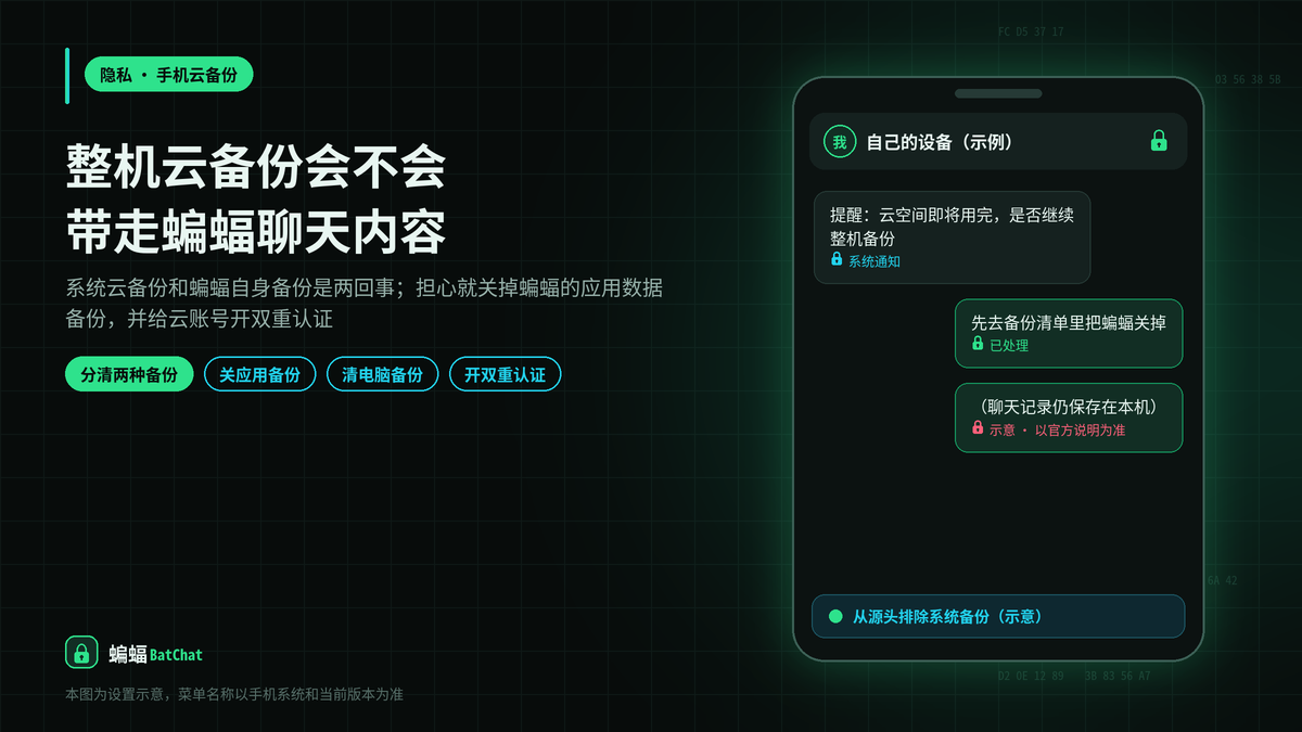 手机整机备份到iCloud或厂商云，会不会把蝙蝠聊天内容也备份出去