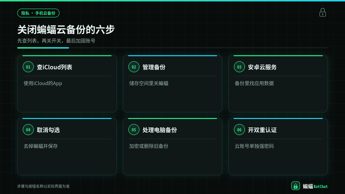 在iPhone和安卓云服务里关闭蝙蝠聊天应用数据备份的步骤示意