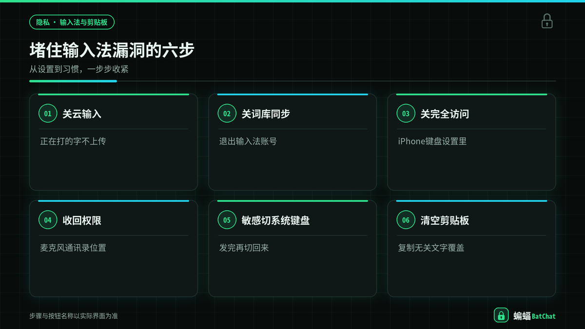 在蝙蝠聊天里打字前关闭输入法云输入和完全访问权限的设置步骤示意