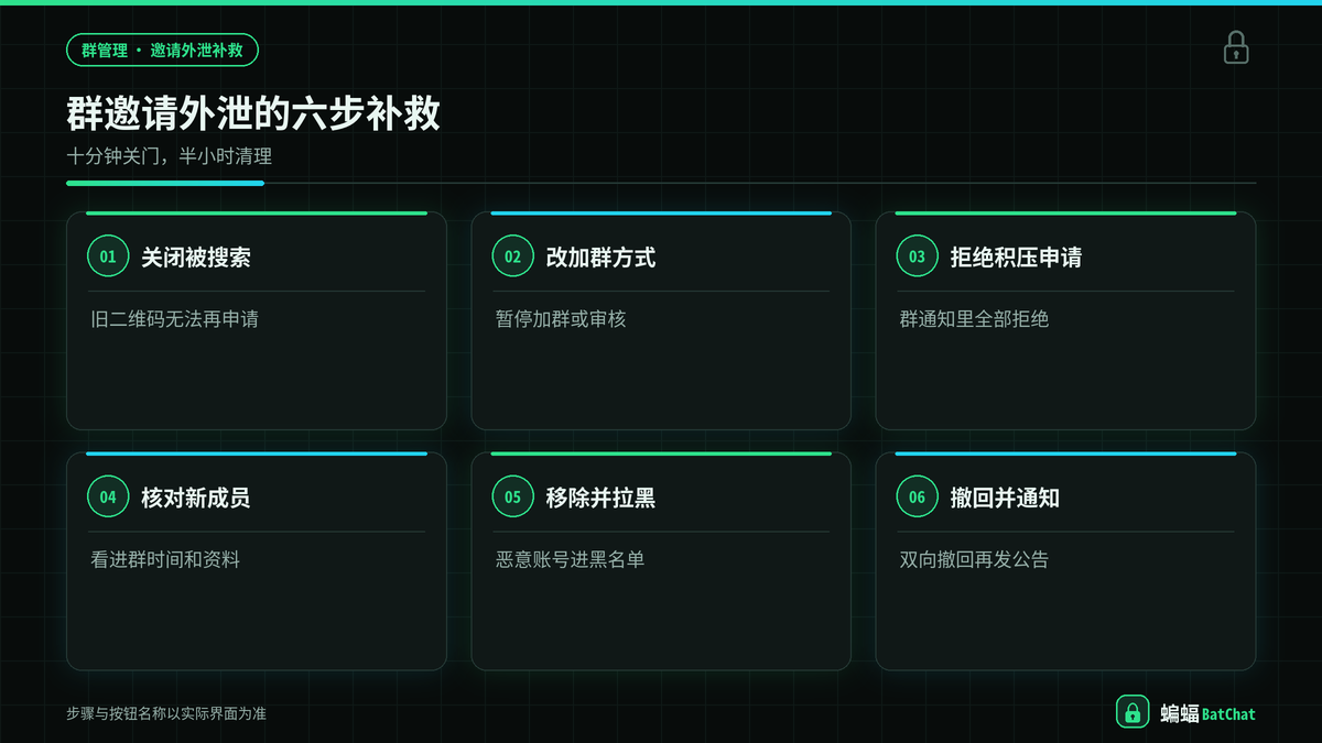 蝙蝠聊天群邀请外泄后群主止损和移除陌生成员的处理步骤示意