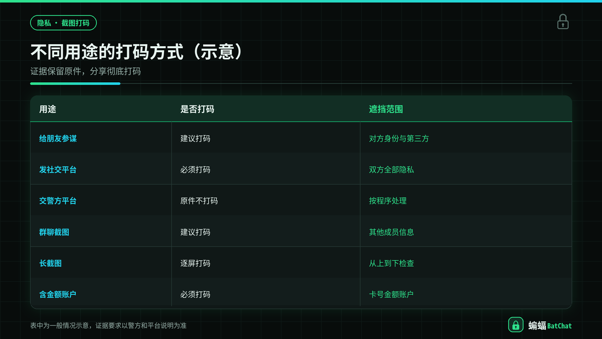 不同用途下蝙蝠聊天截图是否打码的对照示意图