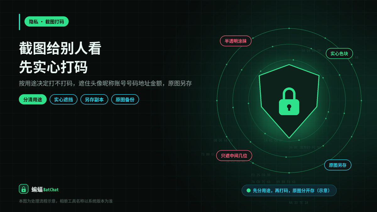 需要把蝙蝠聊天截图拿给别人看，怎样给头像、昵称和号码打码