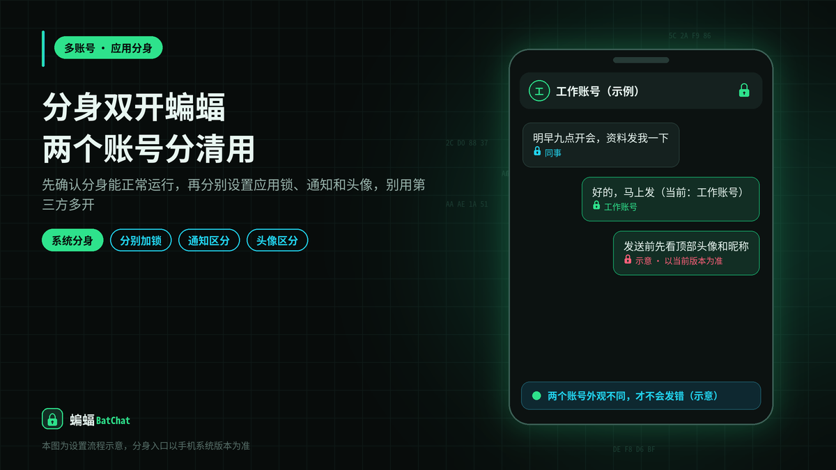 安卓手机用应用分身双开蝙蝠聊天，两个账号怎么分开用才稳妥