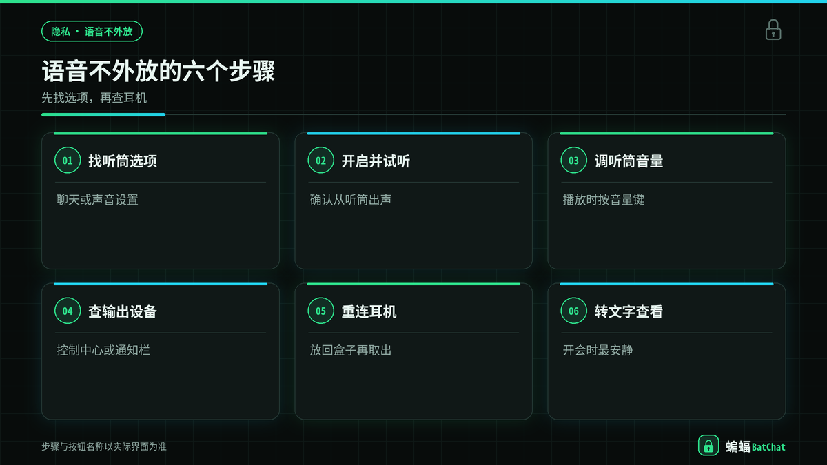 设置蝙蝠聊天语音听筒播放和排查耳机外放的六个步骤示意图