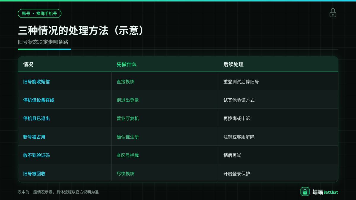 旧号可用、旧号停机但设备在线、旧号停机且已退出三种情况的处理方法对照示意图