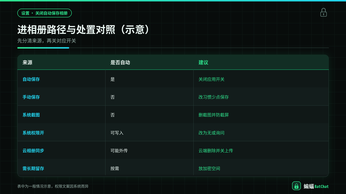 蝙蝠聊天自动保存、系统权限与云同步风险对照示意图