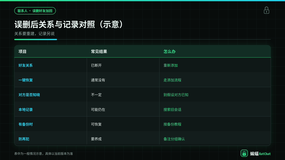 蝙蝠聊天误删好友后关系、记录与加回路径对照示意图