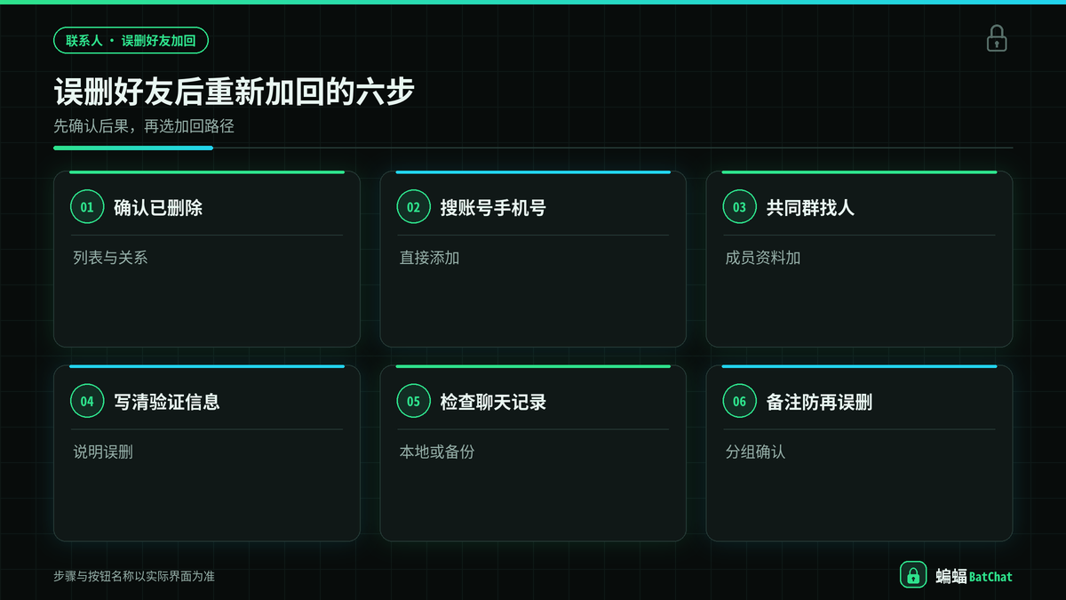 蝙蝠聊天误删好友后重新添加的三种路径示意图