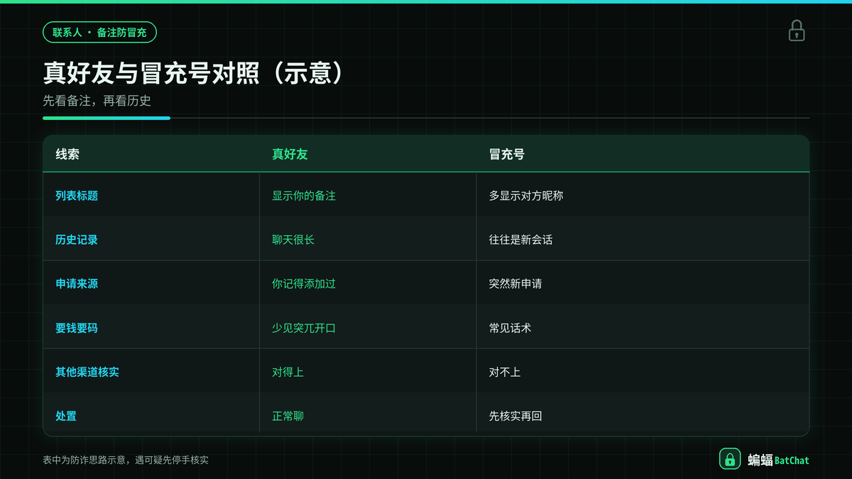 蝙蝠聊天备注防冒充与昵称差异对照示意图