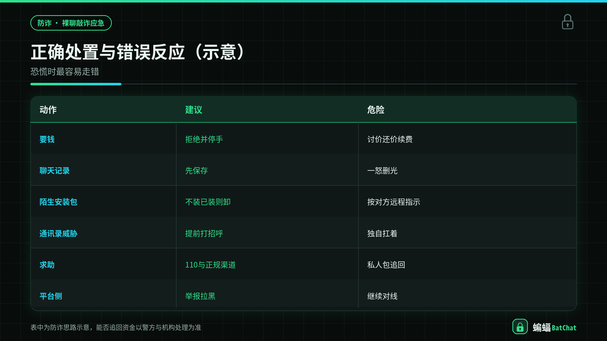 裸聊敲诈正确处置与错误反应对照示意图
