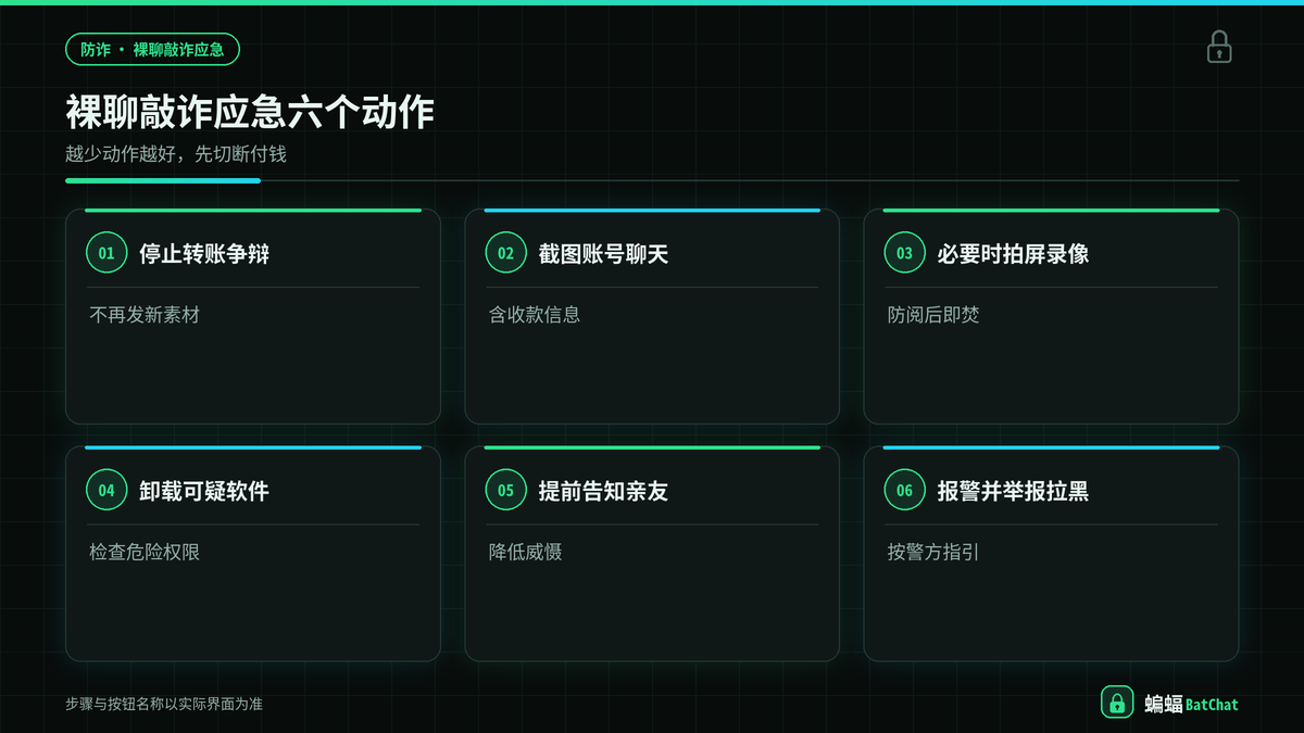 蝙蝠聊天遭遇裸聊敲诈时的应急处理步骤示意图