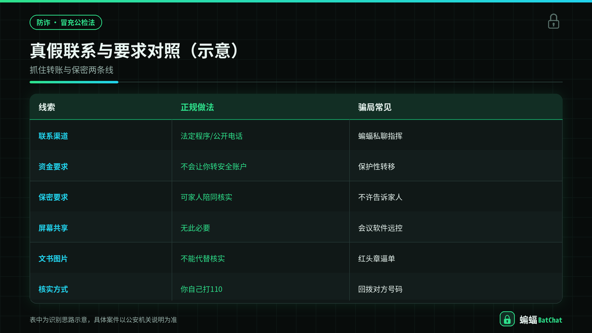 真假公检法联系方式与转账要求对照示意图