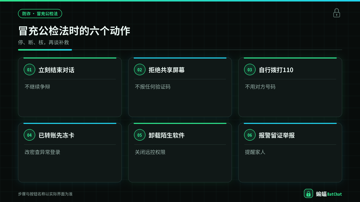 蝙蝠聊天识别冒充公检法诈骗的应对步骤示意图