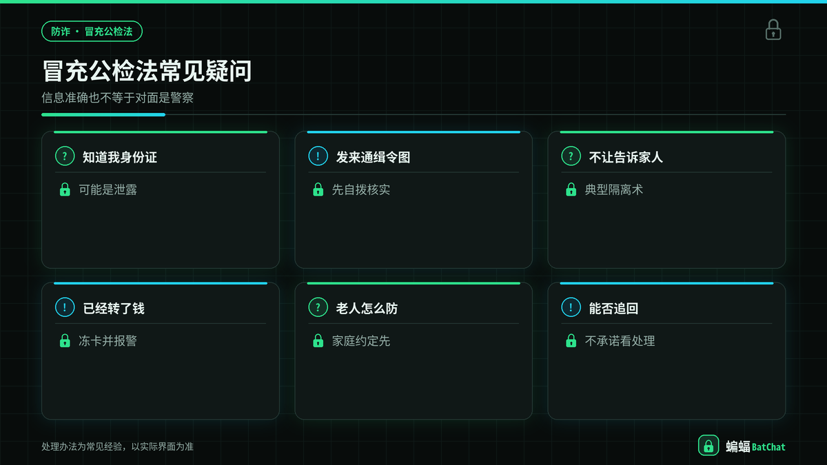 蝙蝠聊天冒充公检法诈骗防范与家属提醒示意图