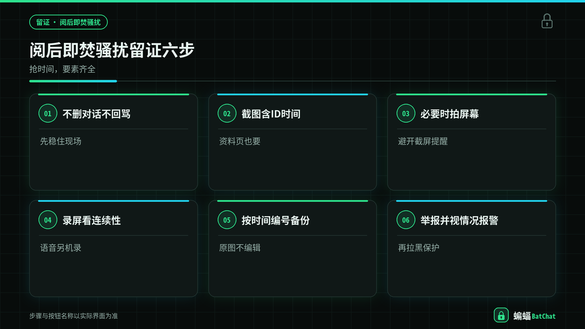 蝙蝠聊天保存阅后即焚骚扰证据的步骤示意图