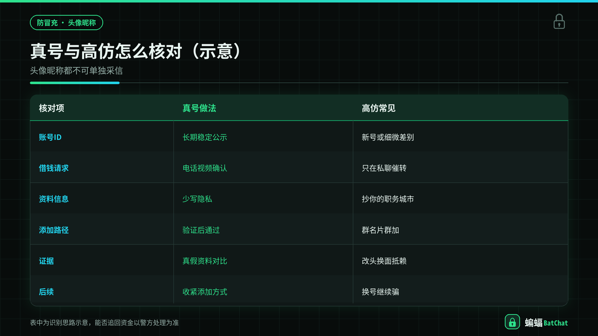 蝙蝠聊天真号与高仿冒充号核对对照示意图