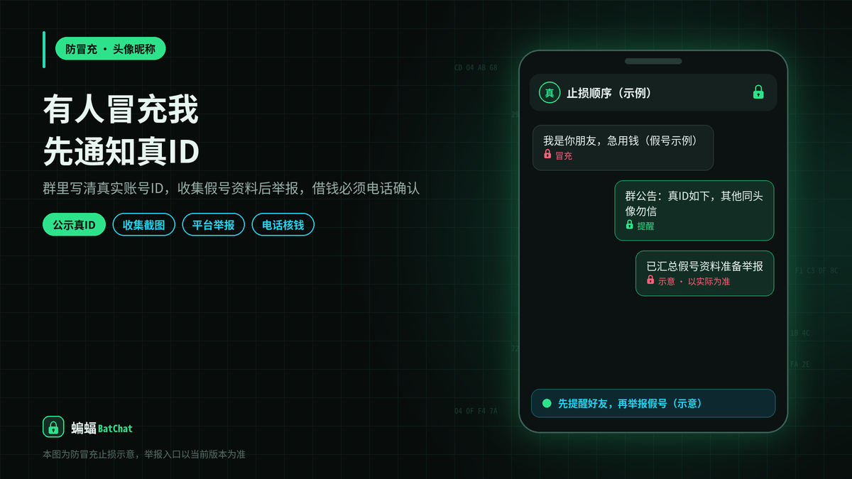 有人盗用我的头像昵称在蝙蝠聊天里冒充我，怎么提醒好友并举报