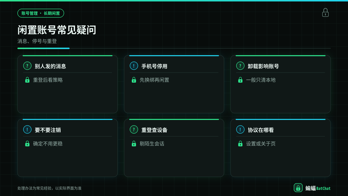 蝙蝠聊天闲置账号重登与手机号问题注意事项示意图