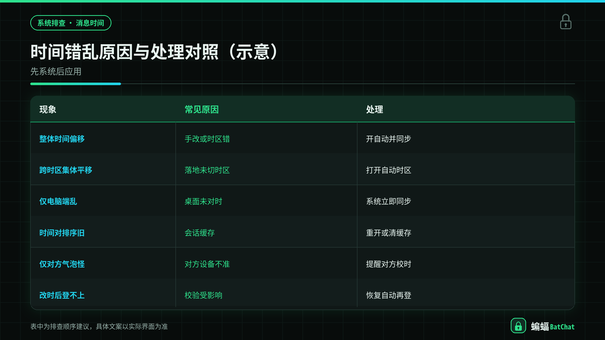 蝙蝠聊天手机与电脑时间校准及跨时区显示对照示意图