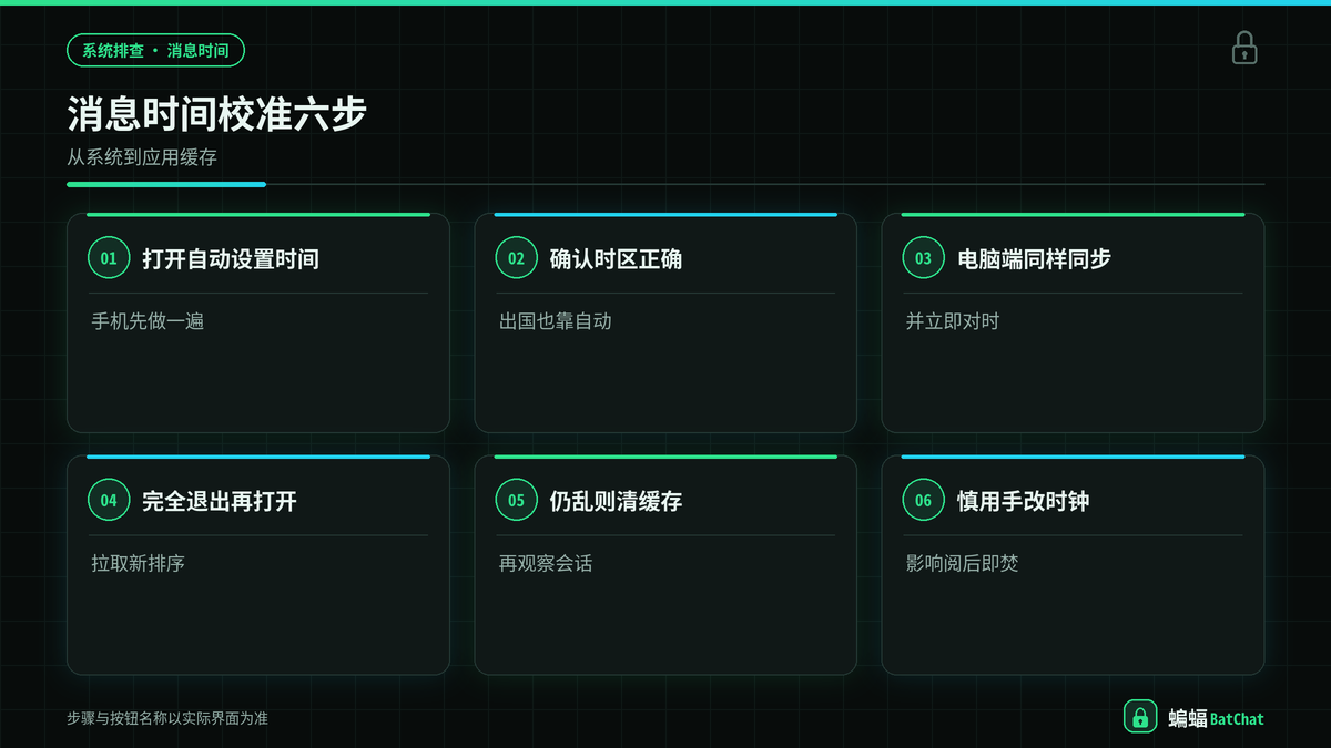蝙蝠聊天消息时间校准手机系统日期与时区步骤示意图