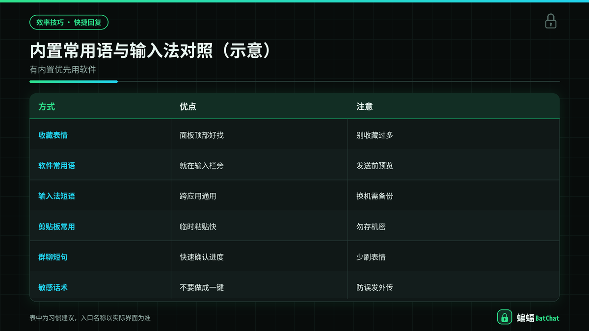 蝙蝠聊天内置快捷回复与输入法短语对照示意图