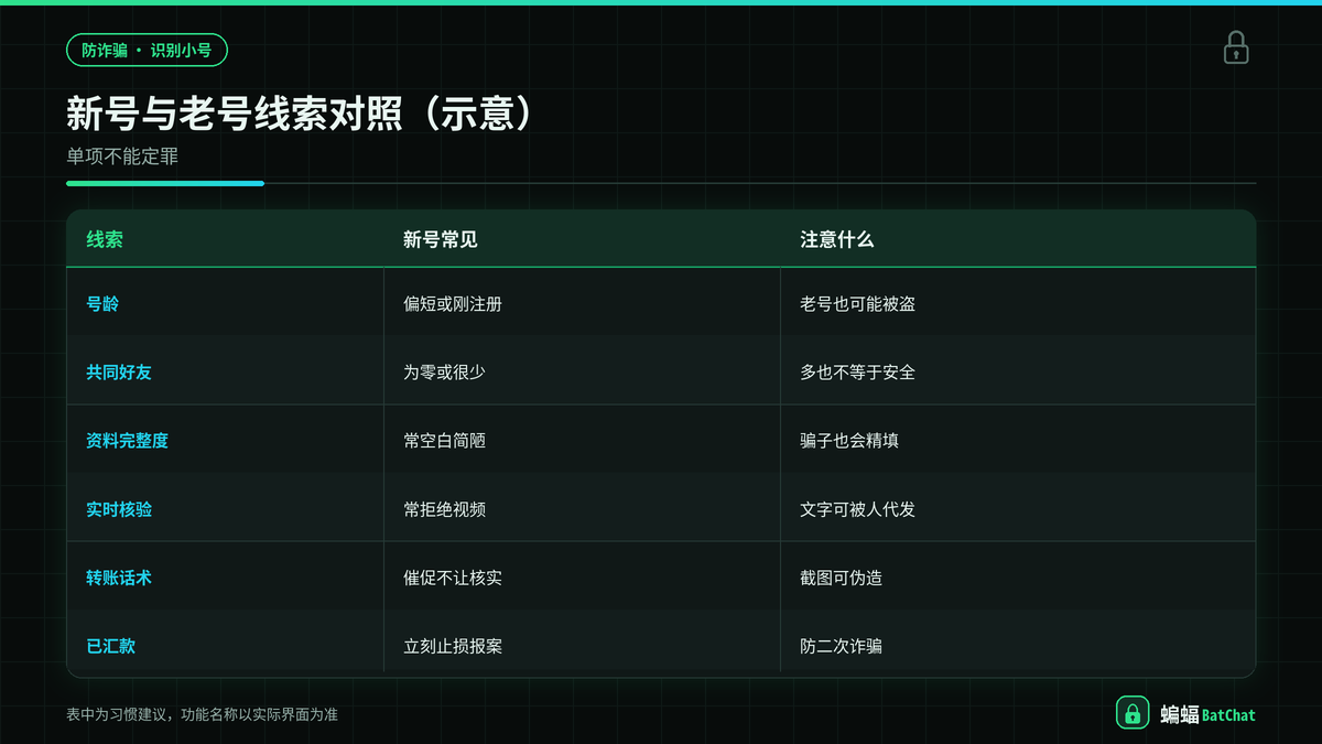 蝙蝠聊天新注册小号与老账号风险线索对照示意图