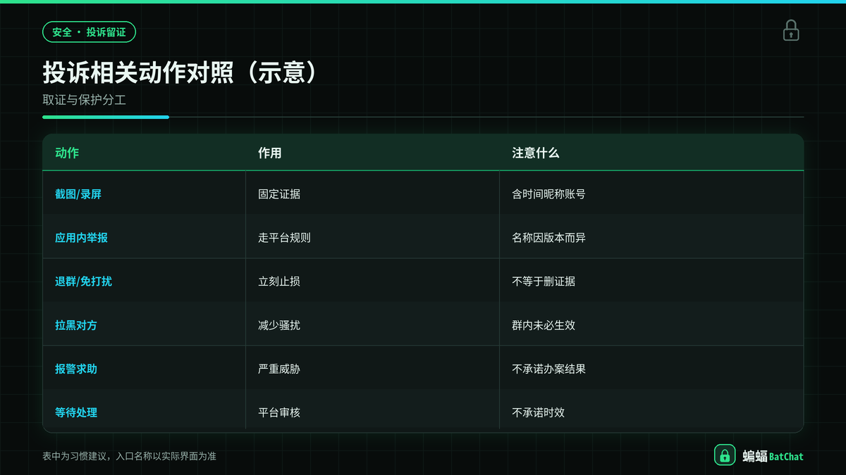 蝙蝠聊天投诉留证与退群免扰对照示意图