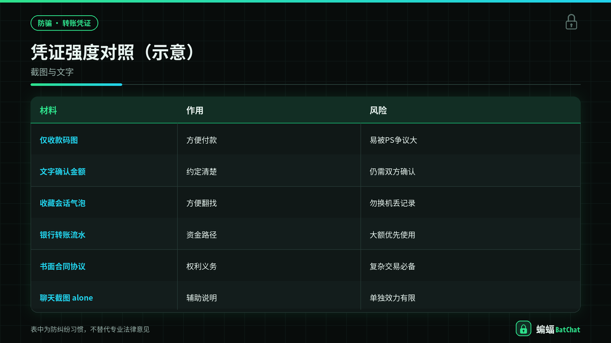 蝙蝠聊天转账凭证强度对照示意图